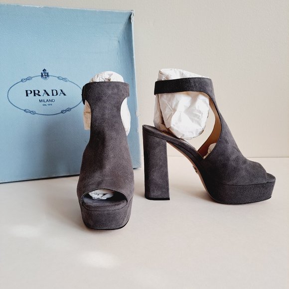 Prada Grey Suede Ankle-Wrap Platform Sandals Size 35.5 - Picture 1 of 16